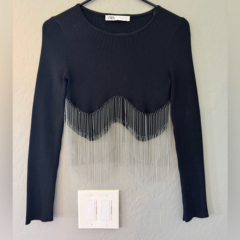 ZARA Black Ribbed Long Sleeve Top with Silver Chain Fringe